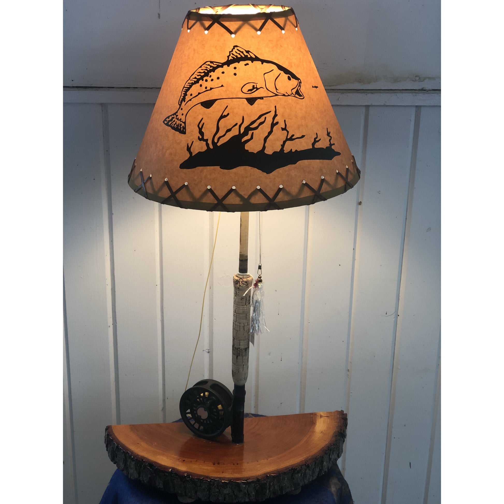 antique fishing reel lamp Oak Wood Base Fly Reel Nightstand